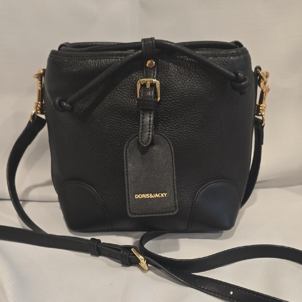 Black Leather Crossbody Bag with Gold Accents